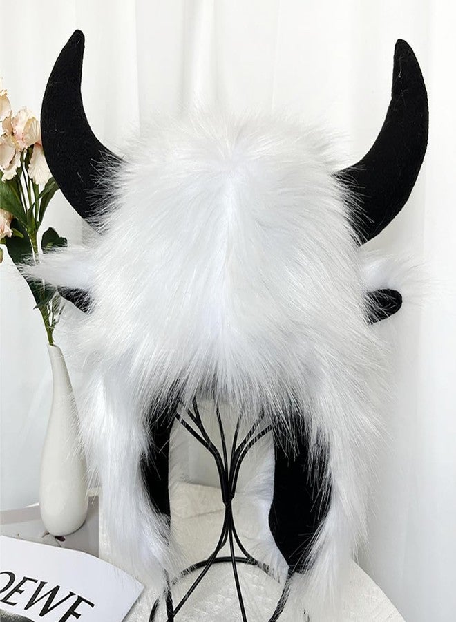 EHERDM Buffalo Hat with Horns Artificial Fur Cowhorn Hat Plush Fluffy Faux Fur 2-in-1 Earflap Furry Earmuff and Hat Animal Cosplay Costume Fashion Warm Supplies in Winter White - Image 3