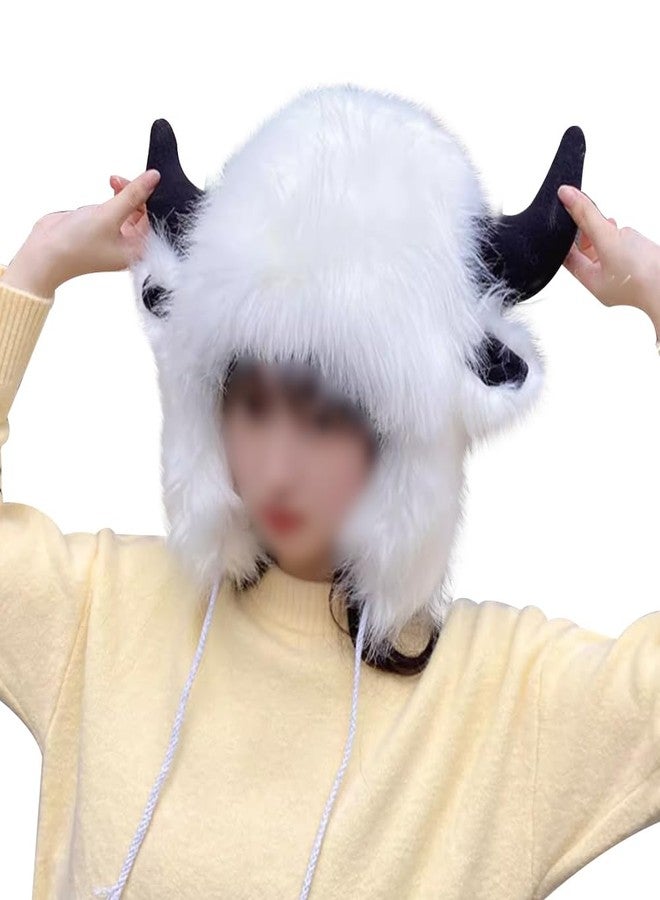 EHERDM Buffalo Hat with Horns Artificial Fur Cowhorn Hat Plush Fluffy Faux Fur 2-in-1 Earflap Furry Earmuff and Hat Animal Cosplay Costume Fashion Warm Supplies in Winter White - Image 1
