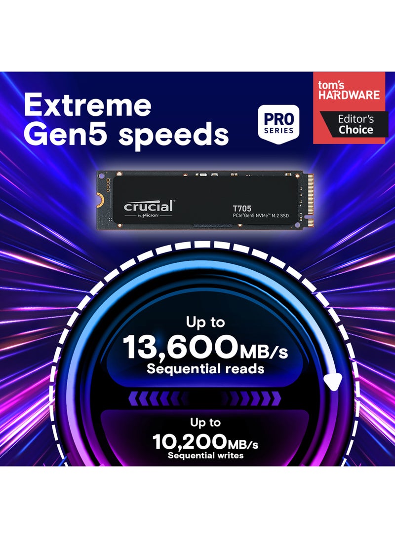 كروشيال T705 1TB PCIe Gen5 NVMe M.2 SSD - 13,600 ميجابايت/ثانية قراءة، 10,200 ميجابايت/ثانية كتابة، 600TB تحمل، 1,750K عمليات كتابة عشوائية، 1,400K عمليات قراءة عشوائية، شكل M.2 2280 | CT1000T705SSD3 - Image 2