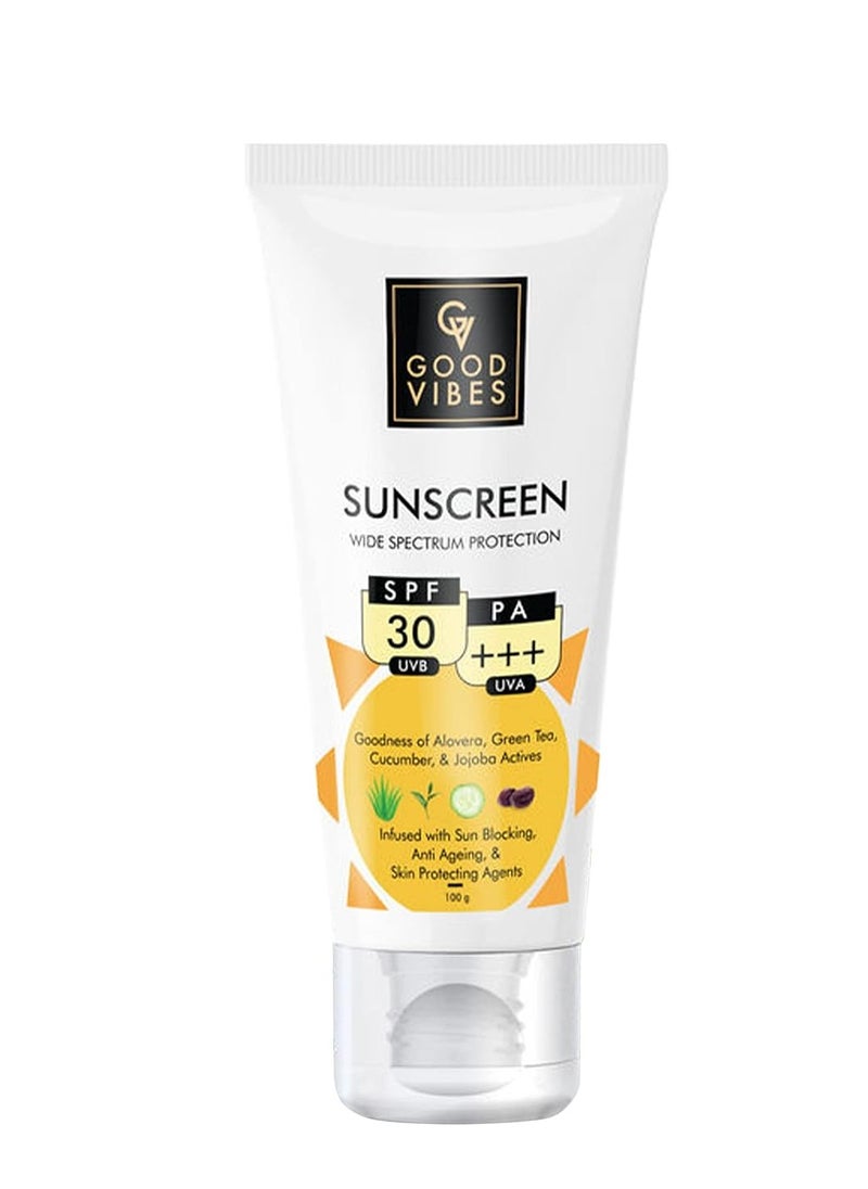 Good Vibes Good Vibes Sunscreen Wide Spectrum Protection with SPF 30 - Goodness of Aloevera, Green Tea, Cucumber & Jojoba Actives - For All Skin Types - Infused with Sun Blocking & Skin Protecting Agents - 100 g  - Image 1