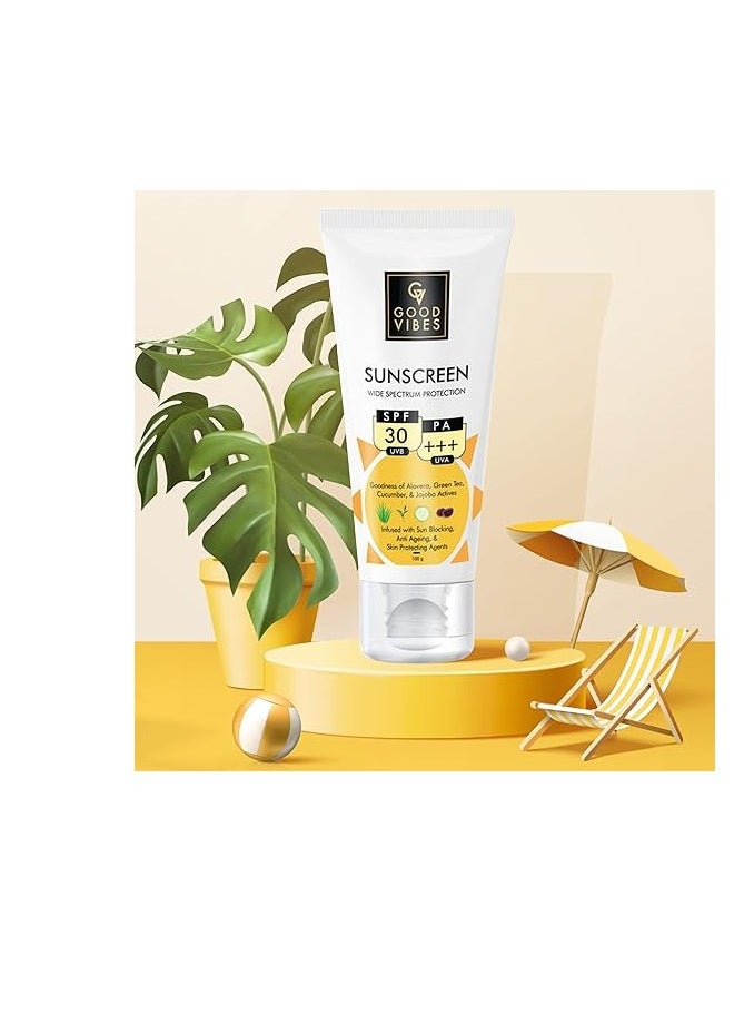 Good Vibes Good Vibes Sunscreen Wide Spectrum Protection with SPF 30 - Goodness of Aloevera, Green Tea, Cucumber & Jojoba Actives - For All Skin Types - Infused with Sun Blocking & Skin Protecting Agents - 100 g  - Image 5