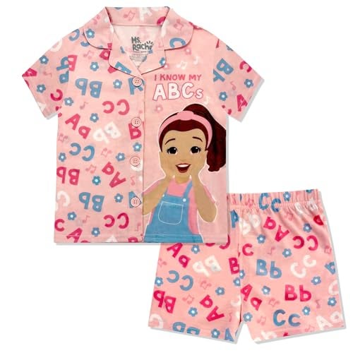 Ms. Rachel Girls Pajama Set - 2 Piece Cozy Girls Pjs, Button Down Short Sleeve & Shorts For Toddler Kids - Official Product Pink - Image 1