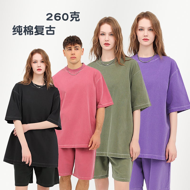 260G Retro Wash Water Dazzle Dyed Cotton T-Shirt Heavy European Size American Loose Version Old White Men'S Short Sleeve T - Image 2