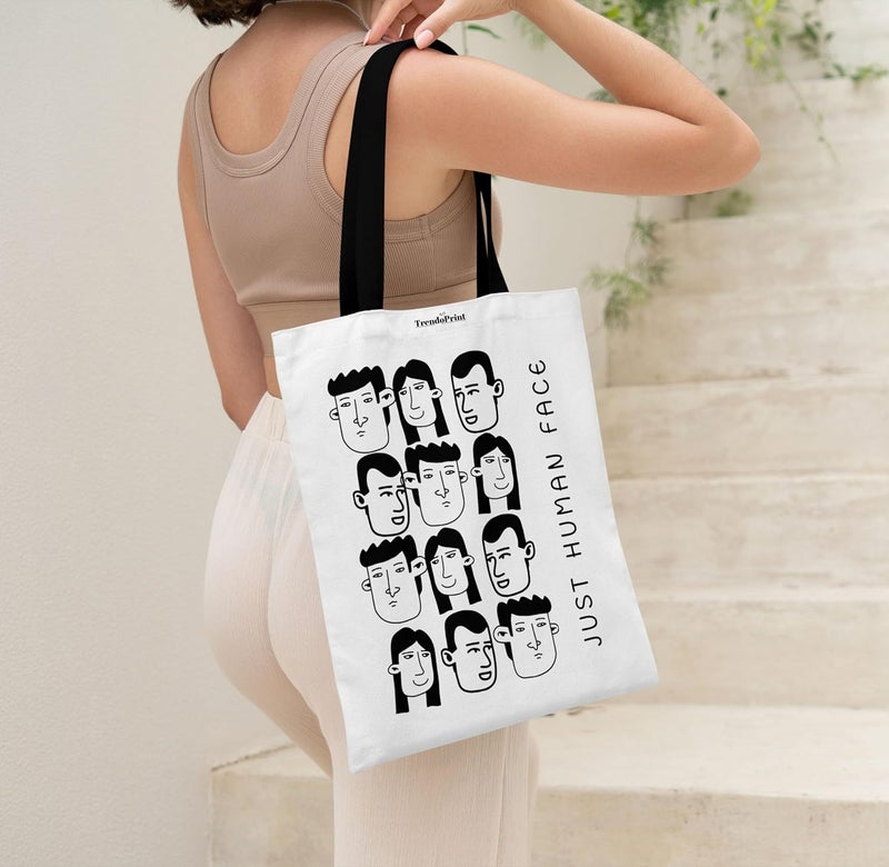 TrendoPrint حقائب توت بيضاء من القماش للنساء بسحاب سعة 15 كجم، حقيبة كلية للفتيات، حقيبة توت مصنوعة من القطن العضوي 100% للتسوق والسفر والشاطئ - Image 2