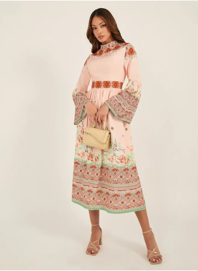 كي أل All-Over Floral Print High Neck Midi Dress