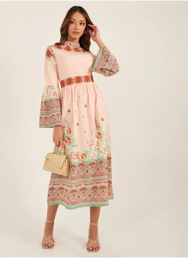 كي أل All-Over Floral Print High Neck Midi Dress