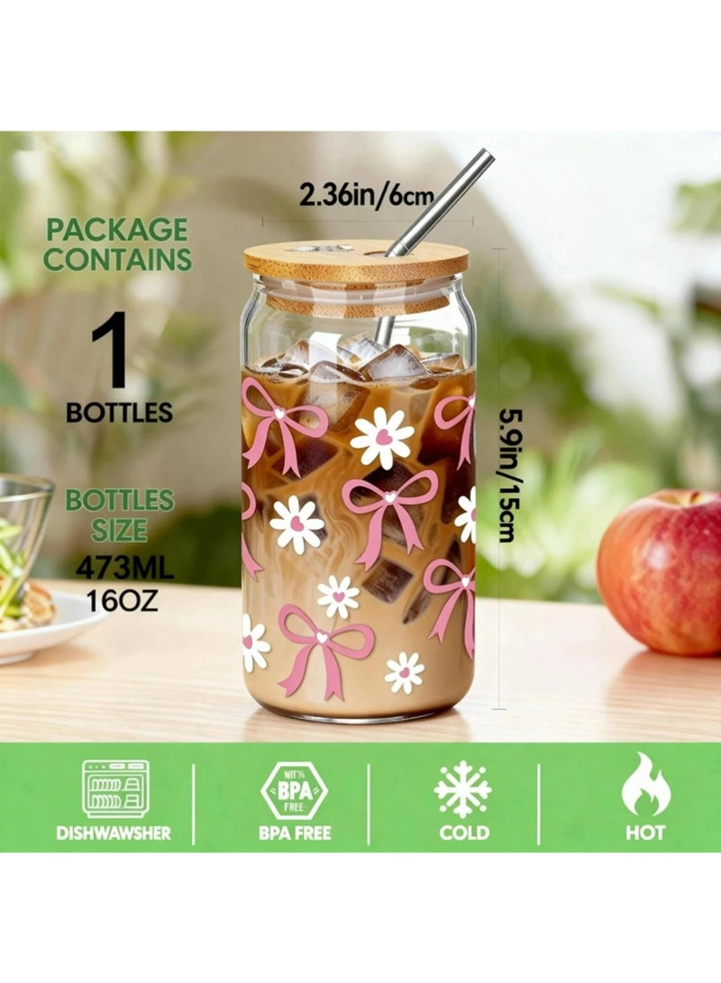 YOUGE Glass Cups with Lids and Straws, Coquette Aesthetic Pink Bow Iced Coffee Cup Decor, Cute Tumbler Smoothie with Cleaning Brush, Gifts for Girls Women Friends, 16 oz - Image 3