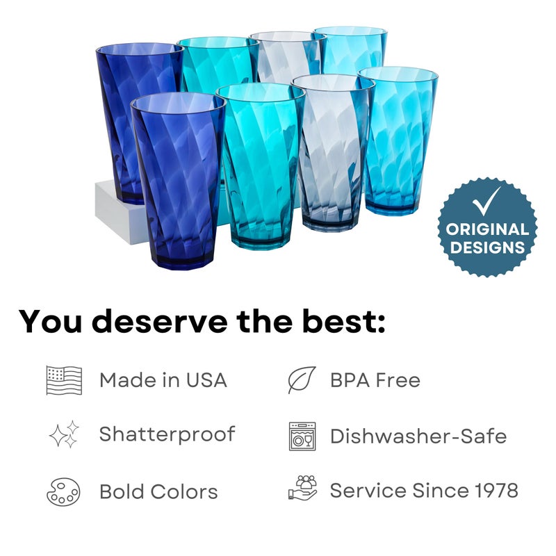 US Acrylic Optix Plastic Reusable Drinking Glasses (Set of 8) 20oz Water Cups in Coastal Colors | BPA-Free Tumblers, Made in USA | Top-Rack Dishwasher Safe - Image 2