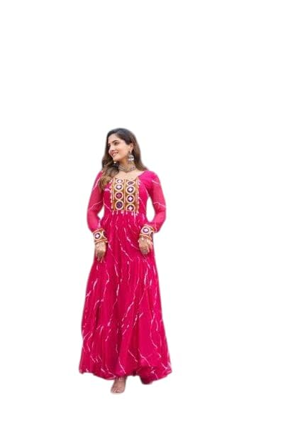 KD Women's Georgette Anarkali Kurta Set, Long Sleeve, Laheriya Floral Print Design with Kutchi Miror Patchwork Real Mirror Work Anarkali kurta Pant set, Calf Length (IN, Alpha, S, Pink) - Image 5