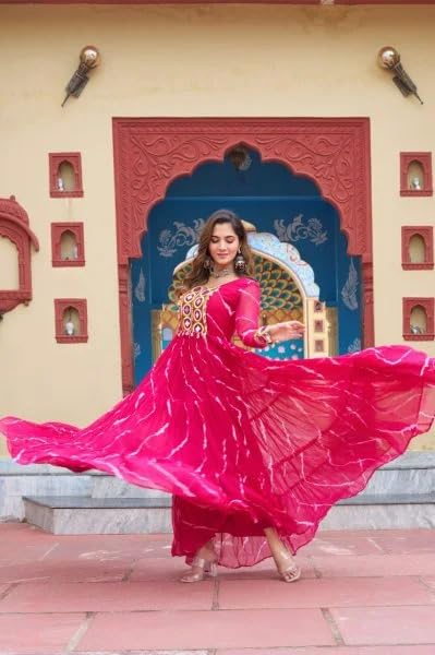 KD Women's Georgette Anarkali Kurta Set, Long Sleeve, Laheriya Floral Print Design with Kutchi Miror Patchwork Real Mirror Work Anarkali kurta Pant set, Calf Length (IN, Alpha, S, Pink) - Image 3