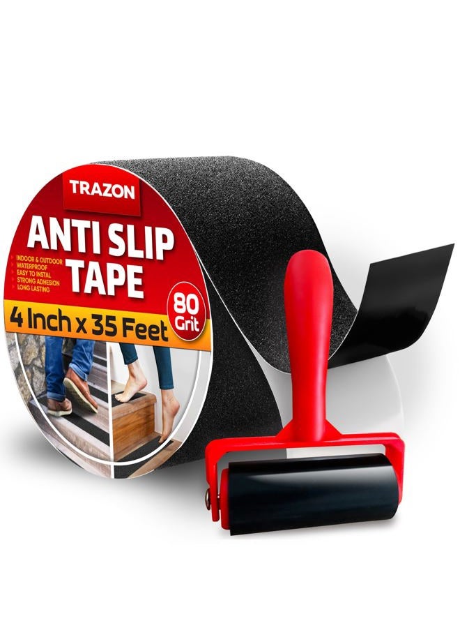 Trazon Grip Tape - Heavy Duty Anti Slip Tape for Stairs Outdoor/Indoor Waterproof 4Inch x 35Ft Safety Non Skid Roll for Stair Steps Ramp Traction Tread Staircases Grips Adhesive Non Slip Strips Walk Black - Image 1