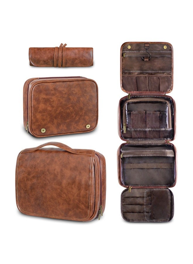 3-in-1 Hanging Toiletry Bag, Waterproof PU Leather Dopp Kit Shaving Bag, Travel Essential for Men, Father's Day Gift Custom Groomsmen Gifts  (Brown) - Image 1