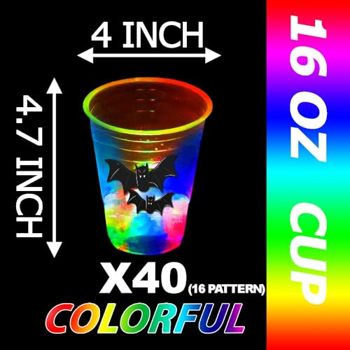 mishunyus 40 Pcs Glow in The Dark Halloween Party Cups - Pumpkin Bat Ghost Theme, Plastic Drinkware for Adults Party Supplies - Image 3