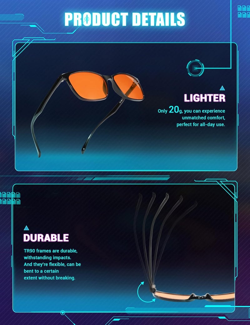 Sleep Glasses for Blue Green Light Blocking for Women Men - 2 Pack Amber Orange Lens for Computer Gaming - Dual AR Coating Lens - Screen Fatigue & UV Protection - Ideal Christmas Gift for Gamers - Image 4