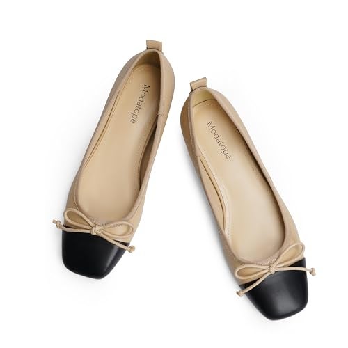 Modatope Ballet Flats Shoes for Women Nude Bow Bowknot Ballerina Two Tone Closed Square Cap Toe Slip on Comfortable Flats Size 6 - Image 1