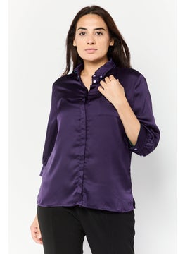 Women Button Down Collar 3/4 Sleeves Plain Blouse, Dark Purple