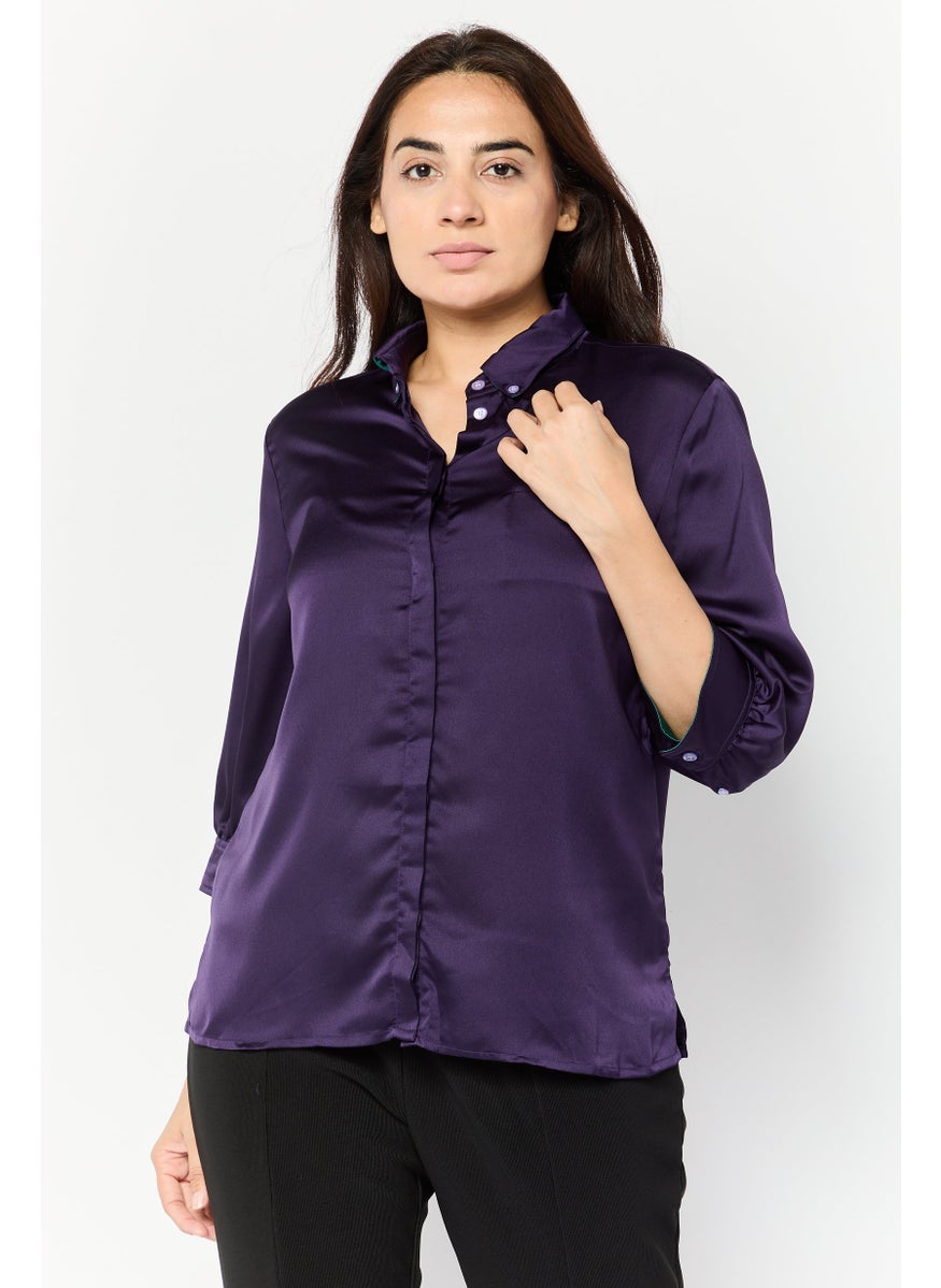 Harmont & Blaine - Women Button Down Collar 3/4 Sleeves Plain Blouse, Dark Purple - Image 1
