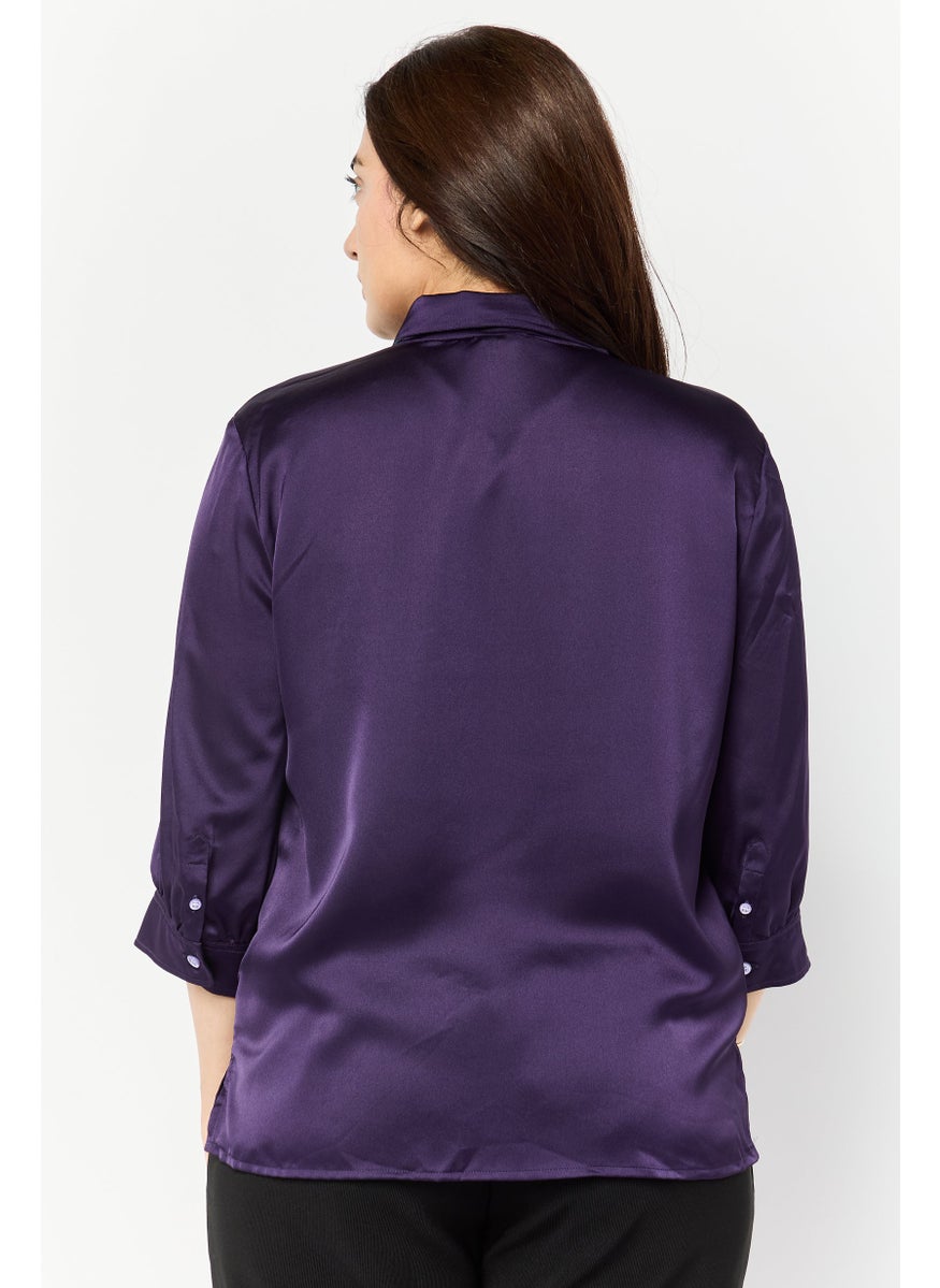 Harmont & Blaine - Women Button Down Collar 3/4 Sleeves Plain Blouse, Dark Purple - Image 1