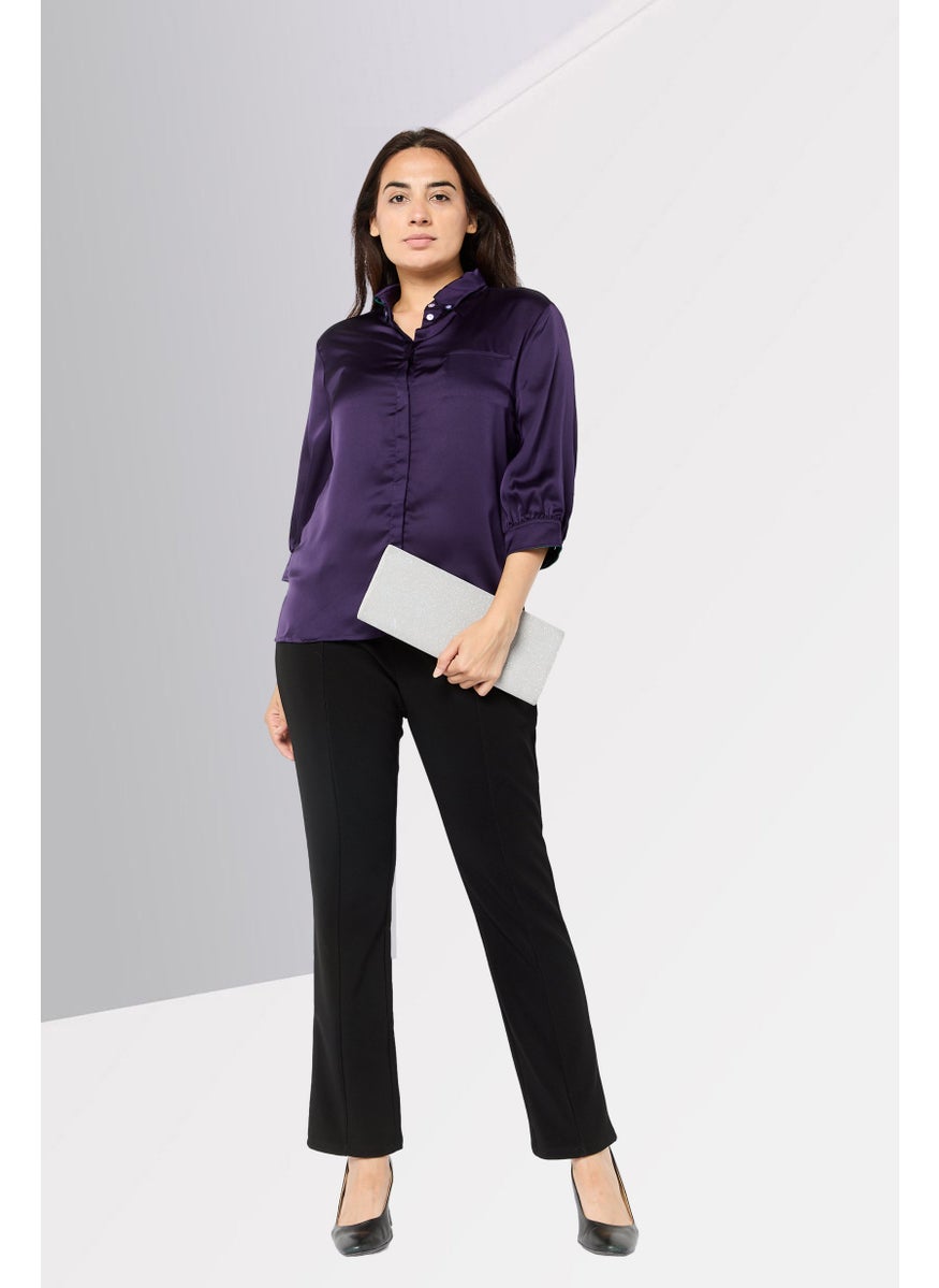 Harmont & Blaine - Women Button Down Collar 3/4 Sleeves Plain Blouse, Dark Purple - Image 1