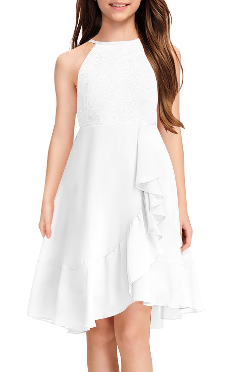 MITILLY Girls Lace Flower Ruffle Dress Chiffon Halter A Line High Low Flowy Junior Bridesmaid Dresses for Wedding Party 12 Years White - Image 1