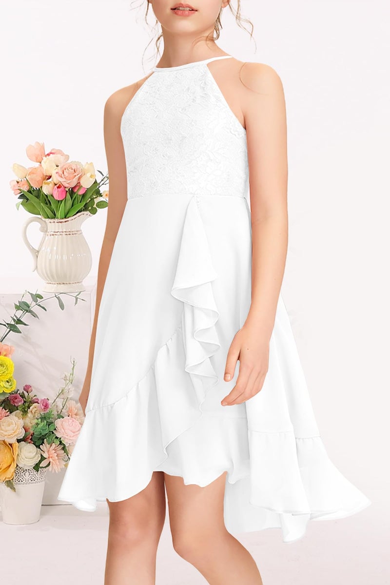 MITILLY Girls Lace Flower Ruffle Dress Chiffon Halter A Line High Low Flowy Junior Bridesmaid Dresses for Wedding Party 12 Years White - Image 3