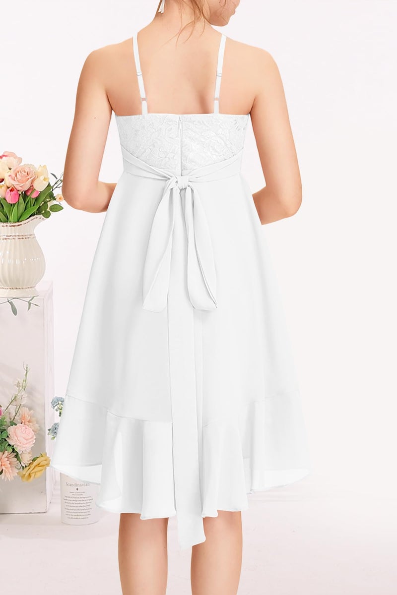 MITILLY Girls Lace Flower Ruffle Dress Chiffon Halter A Line High Low Flowy Junior Bridesmaid Dresses for Wedding Party 12 Years White - Image 4