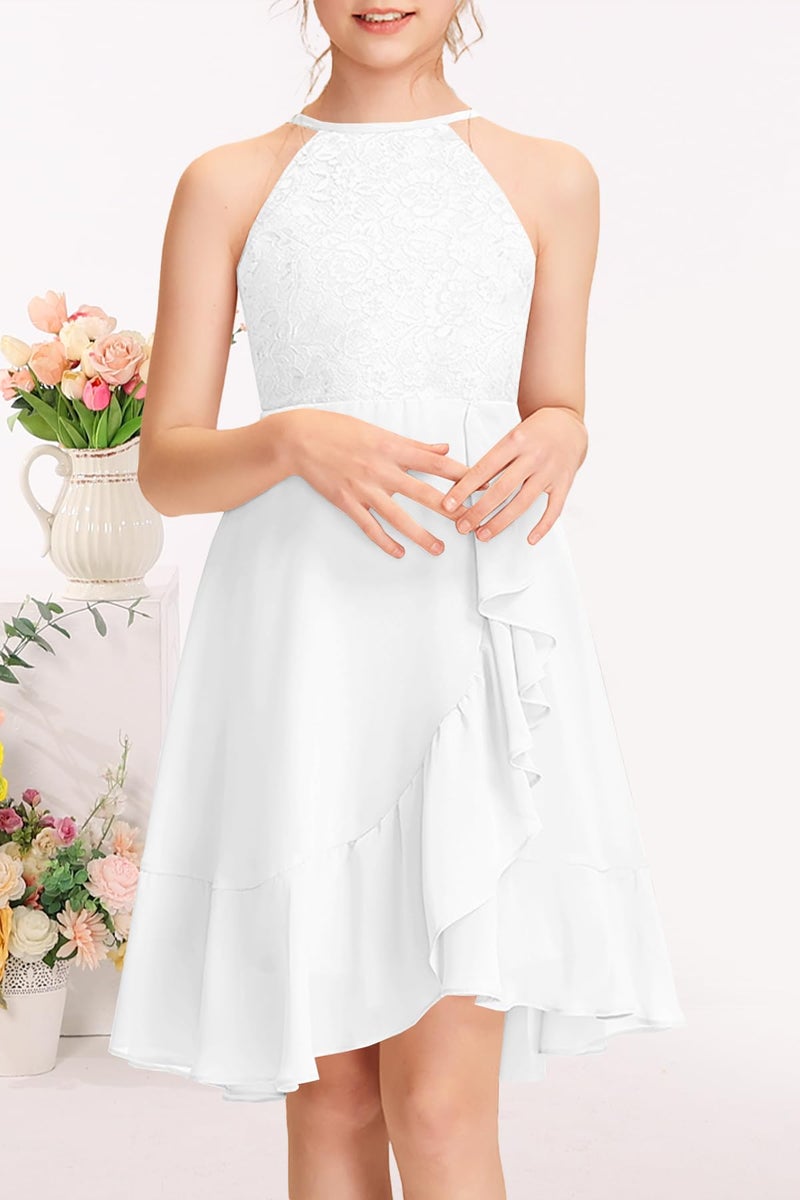 MITILLY Girls Lace Flower Ruffle Dress Chiffon Halter A Line High Low Flowy Junior Bridesmaid Dresses for Wedding Party 12 Years White - Image 2