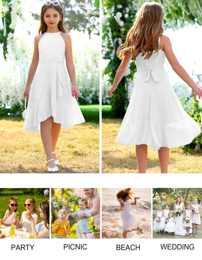 MITILLY Girls Lace Flower Ruffle Dress Chiffon Halter A Line High Low Flowy Junior Bridesmaid Dresses for Wedding Party 12 Years White - Image 5