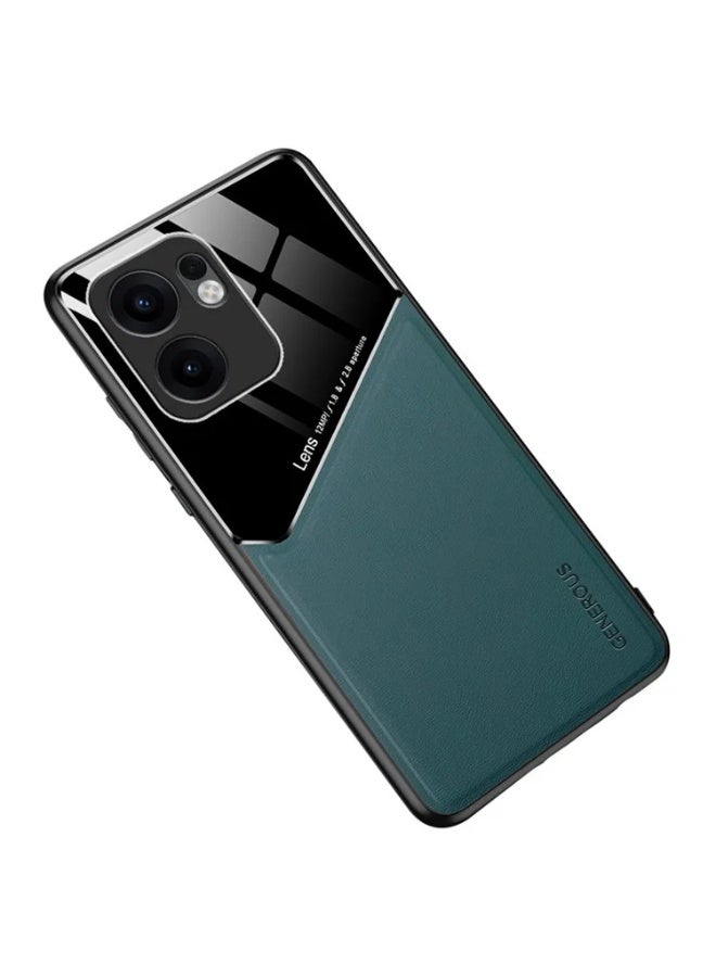 Case Compatible With Oppo Reno 13F Cover Luxury Leather And Glass With Car Magnetic Holder Phone Cover Soft Frame Silicone - Green - Image 2