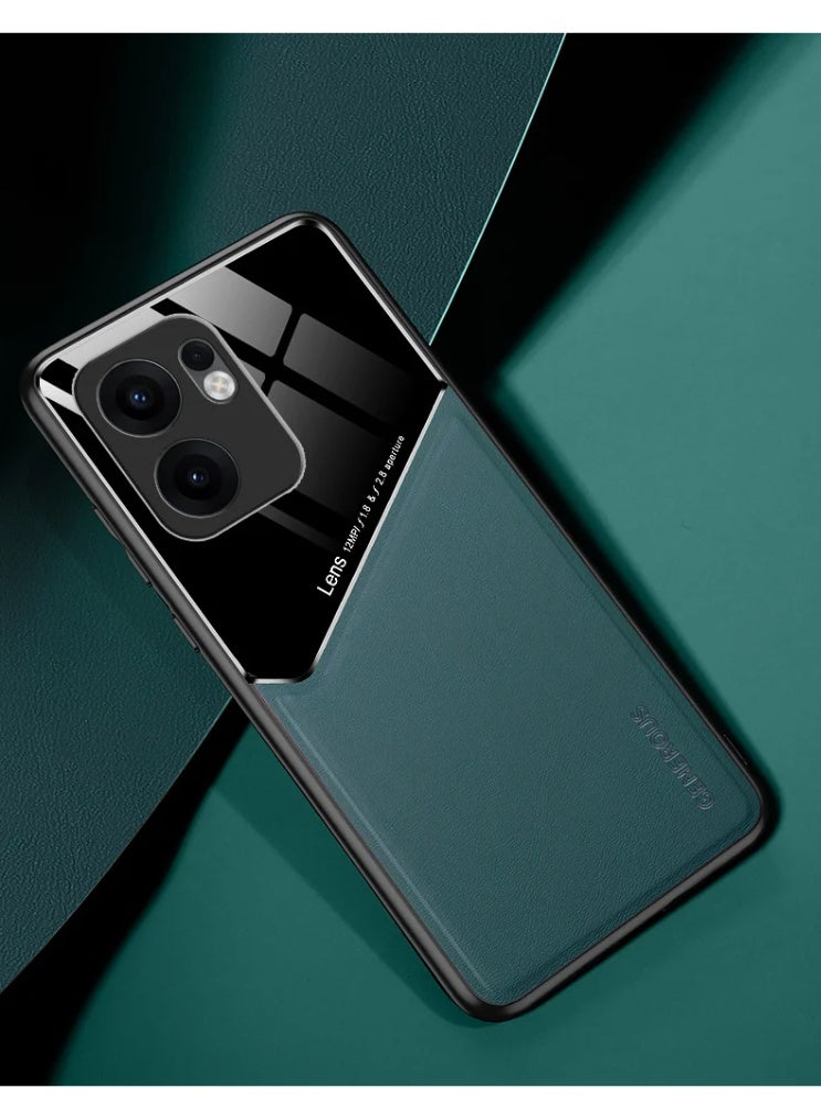 Case Compatible With Oppo Reno 13F Cover Luxury Leather And Glass With Car Magnetic Holder Phone Cover Soft Frame Silicone - Green - Image 1