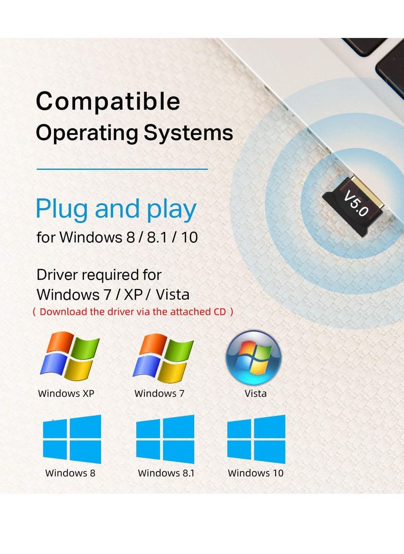 محول بلوتوث 5.0 USB دونجل، محول USB صغير بلوتوث V5.0 USB يدعم نظام التشغيل Windows 7/8.1/10/XP، لسطح المكتب والكمبيوتر المحمول والماوس ولوحة المفاتيح والطابعات وسماعات الرأس ومكبرات الصوت
