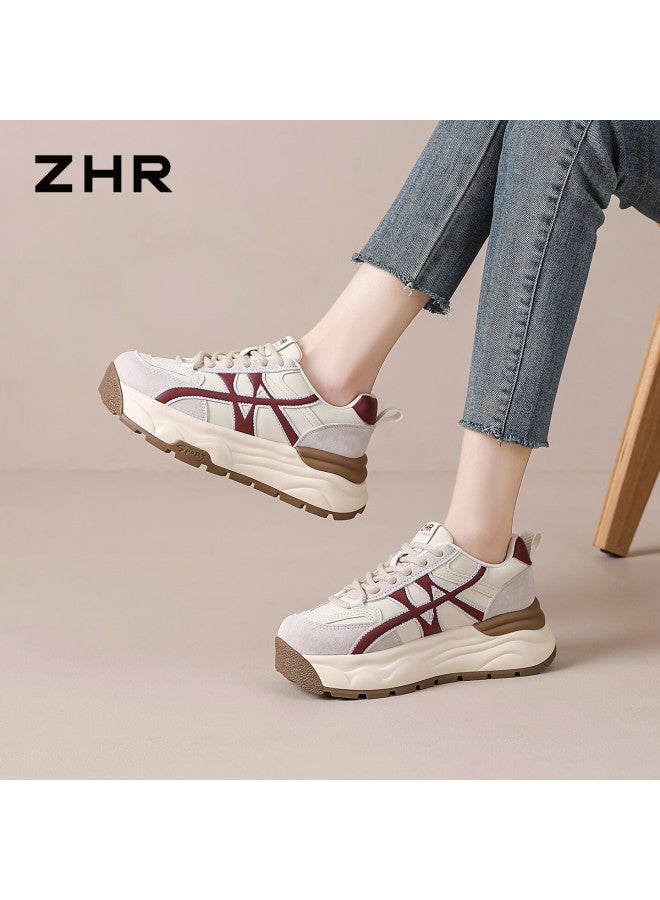 Zhr Thick Sole Dad Sneakers Women  Spring New Versatile Retro Sports Running Shoes Beige 38 - Image 3