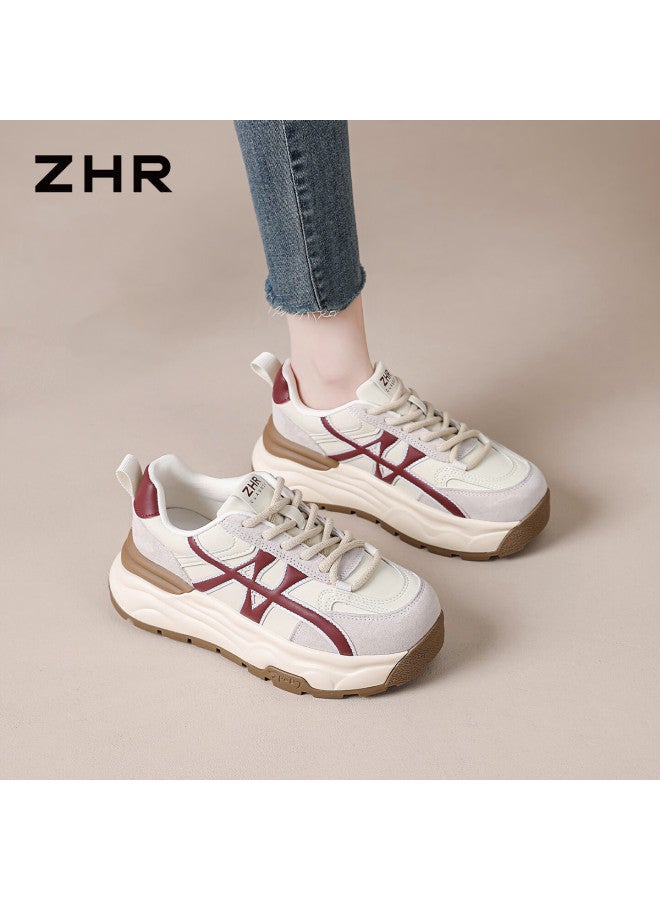 Zhr Thick Sole Dad Sneakers Women  Spring New Versatile Retro Sports Running Shoes Beige 38 - Image 1