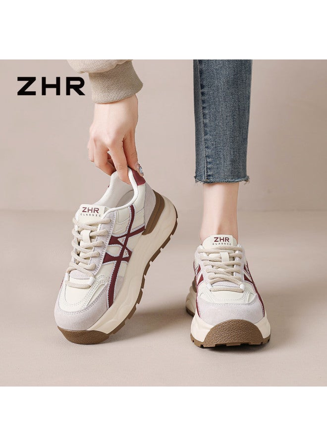 Zhr Thick Sole Dad Sneakers Women  Spring New Versatile Retro Sports Running Shoes Beige 38 - Image 2