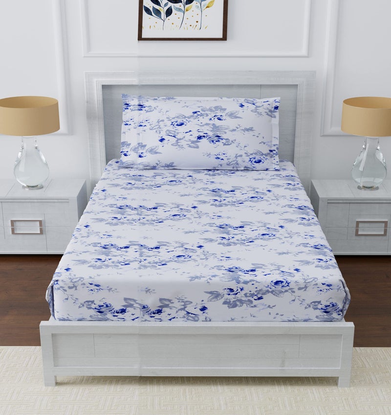 DAKSH 180TC Fitted 100% Cotton Premium Printed Small Size BedSheet, Blue & Grey (36x72 Inches) with 1 Pillow Covers - Image 1
