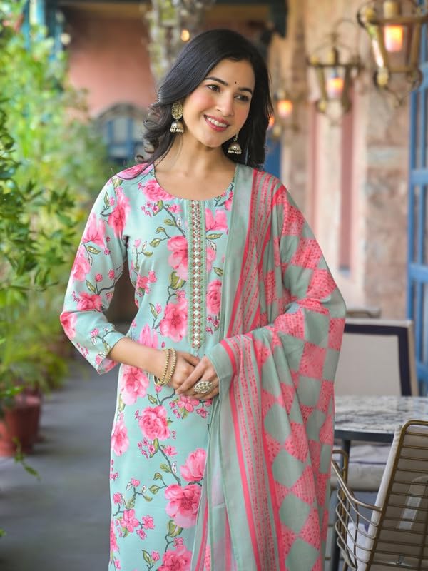 Vaamsi Women's Green Rayon Blend Floral Straight Printed Kurta Pants With Dupatta Set | Casual Straight Kurta Set For Women | Printed Salwar Suit For Women (VKSKD2323, M) - Image 2