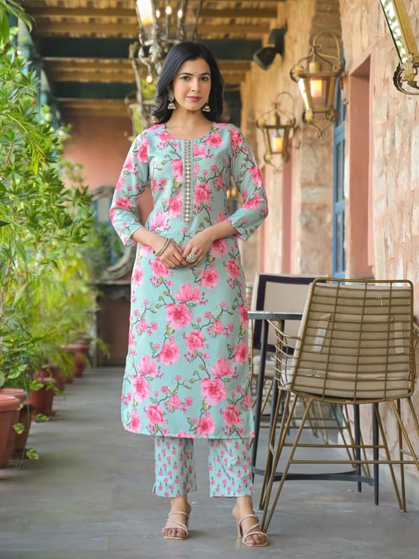 Vaamsi Women's Green Rayon Blend Floral Straight Printed Kurta Pants With Dupatta Set | Casual Straight Kurta Set For Women | Printed Salwar Suit For Women (VKSKD2323, M) - Image 5