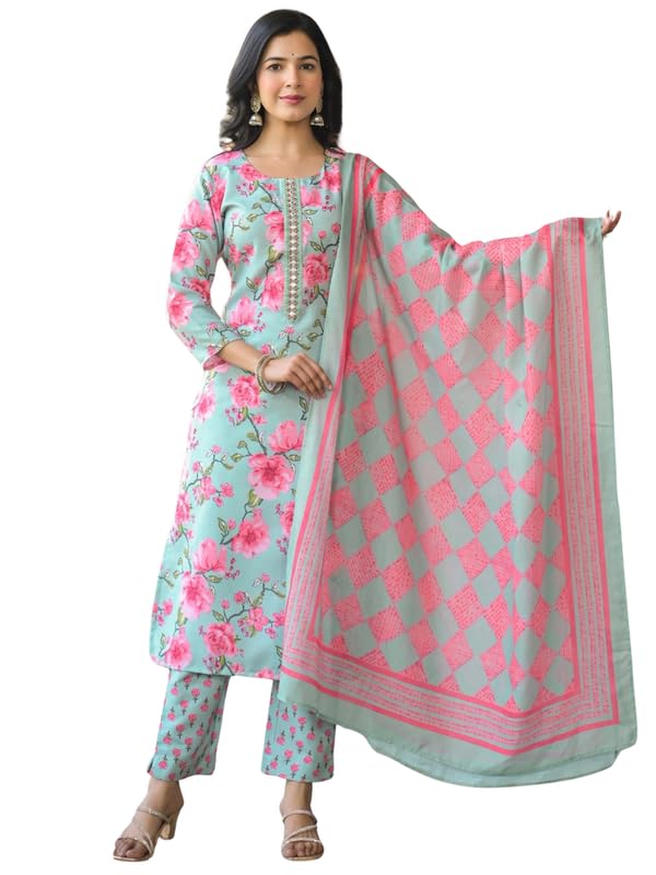 Vaamsi Women's Green Rayon Blend Floral Straight Printed Kurta Pants With Dupatta Set | Casual Straight Kurta Set For Women | Printed Salwar Suit For Women (VKSKD2323, M) - Image 1
