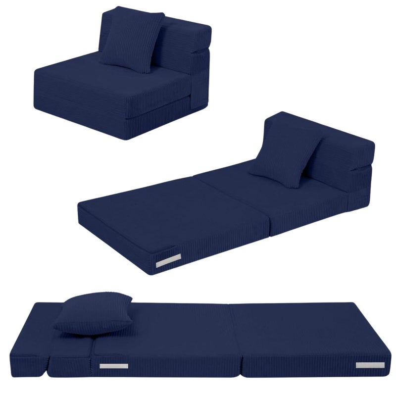 MeMoreCool Kids Fold Out Sofa Chair â€“ Navy Corduroy Tri-Fold Floor Futon for Toddlers, Portable Sleeper Couch with Washable Cover Soft Convertible Lounger | High-Density Foam Mattress - Image 1