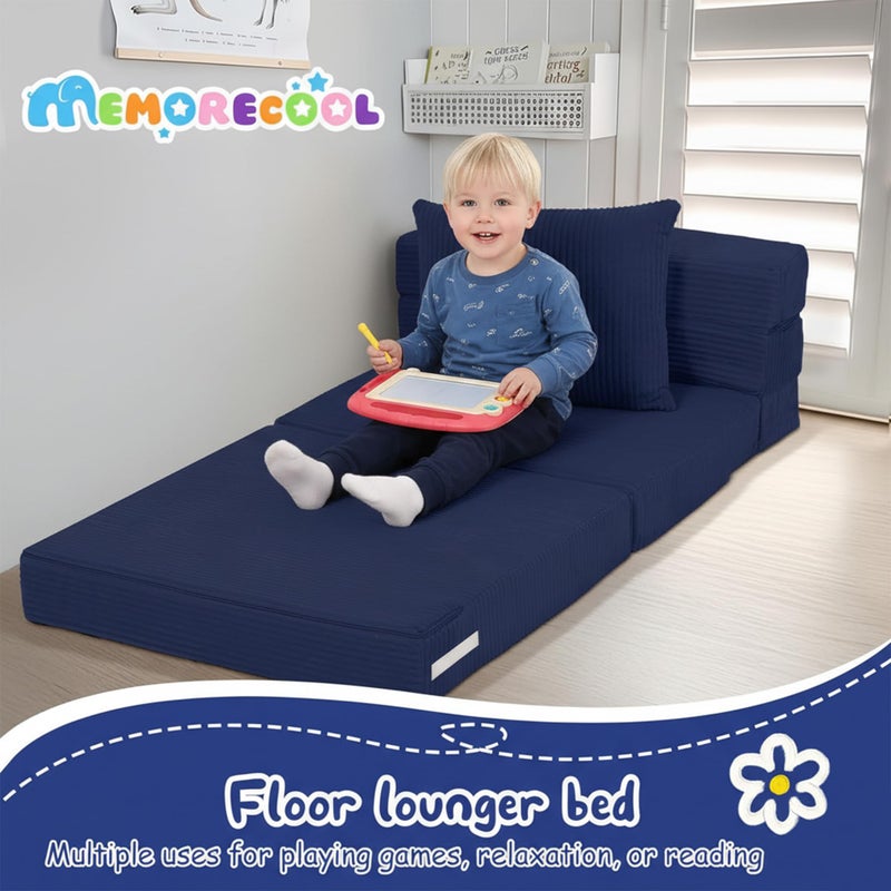 MeMoreCool Kids Fold Out Sofa Chair â€“ Navy Corduroy Tri-Fold Floor Futon for Toddlers, Portable Sleeper Couch with Washable Cover Soft Convertible Lounger | High-Density Foam Mattress - Image 3