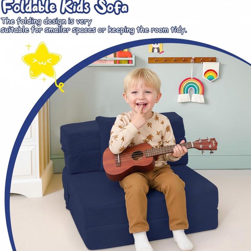 MeMoreCool Kids Fold Out Sofa Chair â€“ Navy Corduroy Tri-Fold Floor Futon for Toddlers, Portable Sleeper Couch with Washable Cover Soft Convertible Lounger | High-Density Foam Mattress - Image 2