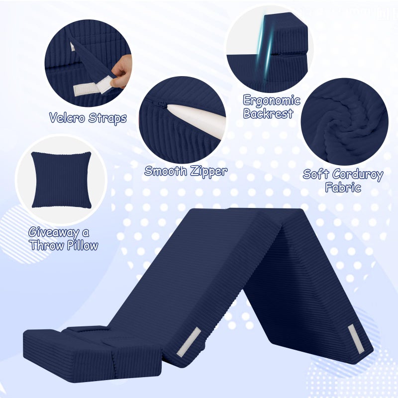 MeMoreCool Kids Fold Out Sofa Chair â€“ Navy Corduroy Tri-Fold Floor Futon for Toddlers, Portable Sleeper Couch with Washable Cover Soft Convertible Lounger | High-Density Foam Mattress - Image 5