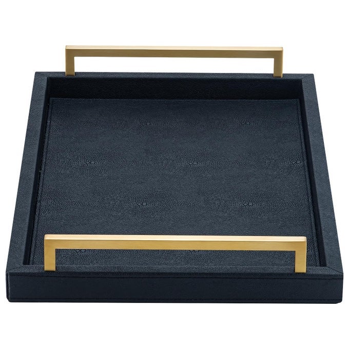 BLACK FAUX LEATHER SERVING TRAY 17X12 INCHES BRUSHED GOLD HANDLES DECORATIVE TRAY FOR OTTOMAN COFFEE TABLE LIVING ROOM KITCHEN BATHROOM