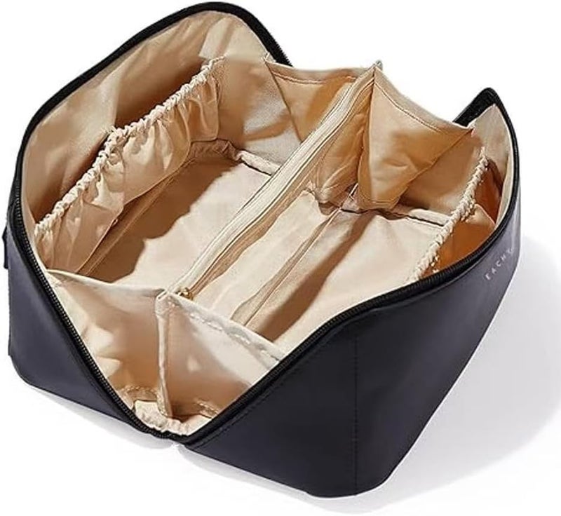 HOSICRON Travel Makeup Bag,Large Capacity Cosmetic Bags for Women,Waterproof Portable Pouch Open Flat Toiletry Bag Make up Organizer with Divider and Handle, Black, Simple - Image 1