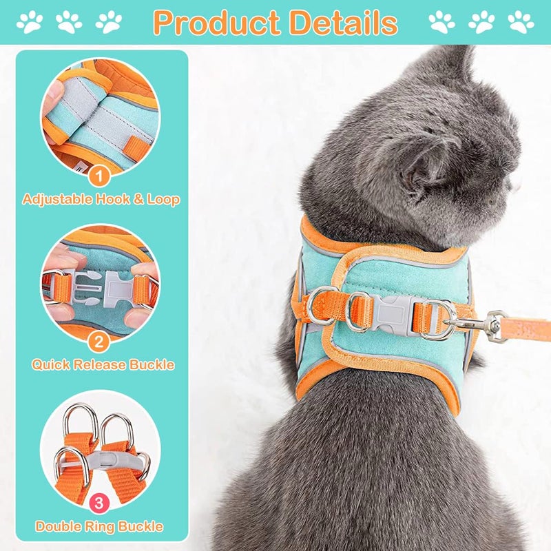 Qpets® Harness قطة مع حبل بطول 1.5م، حزام قطة قابل للتعديل، سترة قطة قابلة للتنفس مع شريط عاكس للسلامة، حبل قطة مع حزام لقطة وكلب صغير (M، برتقالي) - Image 2