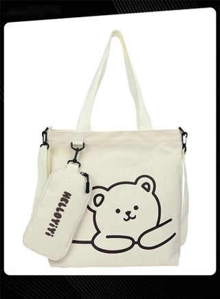 Lovely Bear Printed Student Shoulder Bag Portable Large Capacity Bookbag Foldable Tote Canvas Bag with Pencil Pouch White