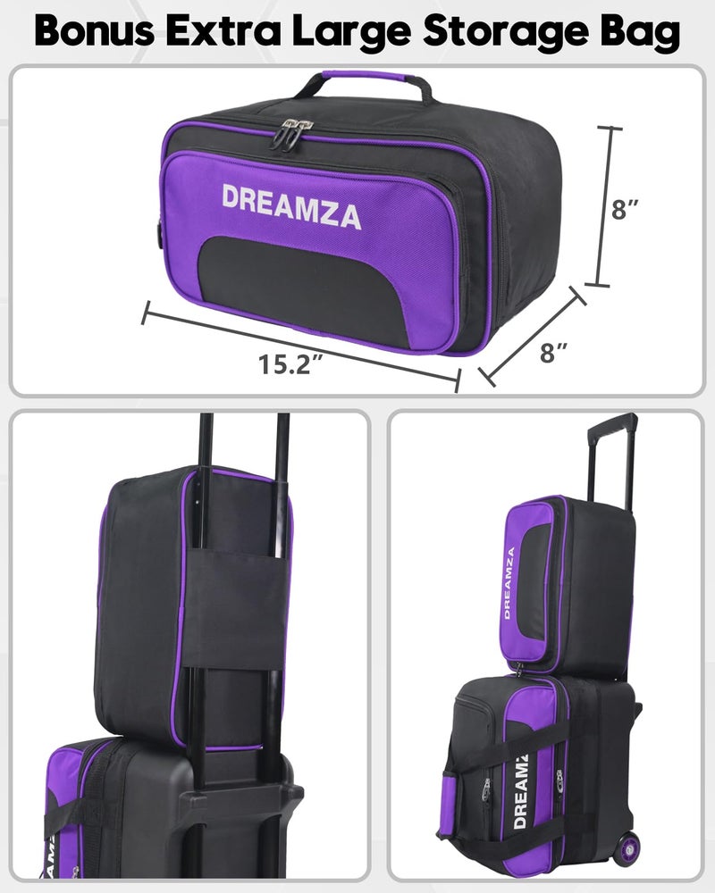 DREAMZA Single Bowling Ball Bag with Wheels, Deluxe Rolling Bowling Bags 1 Ball and Shoes Pocket w/Molded BallCup, Bonus Storage Bag, 40" Retractable Handle - Large 1 Ball Bowling Bags with Wheels - Image 2