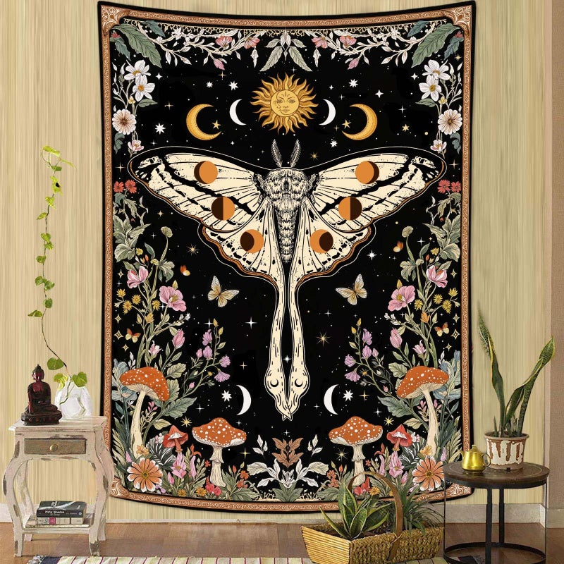 Aipon Boho Moth Tapestry Vintage Floral Flowers Tapestries Aesthetic Retro Mushroom Tapestries for Bedroom Sun and Moon Indie Small Tapestry Wall Hanging for Living Room Dorm 40 x 30 Inch - Image 1