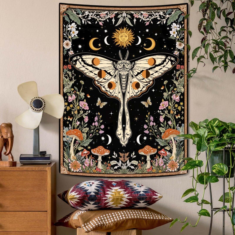 Aipon Boho Moth Tapestry Vintage Floral Flowers Tapestries Aesthetic Retro Mushroom Tapestries for Bedroom Sun and Moon Indie Small Tapestry Wall Hanging for Living Room Dorm 40 x 30 Inch - Image 2