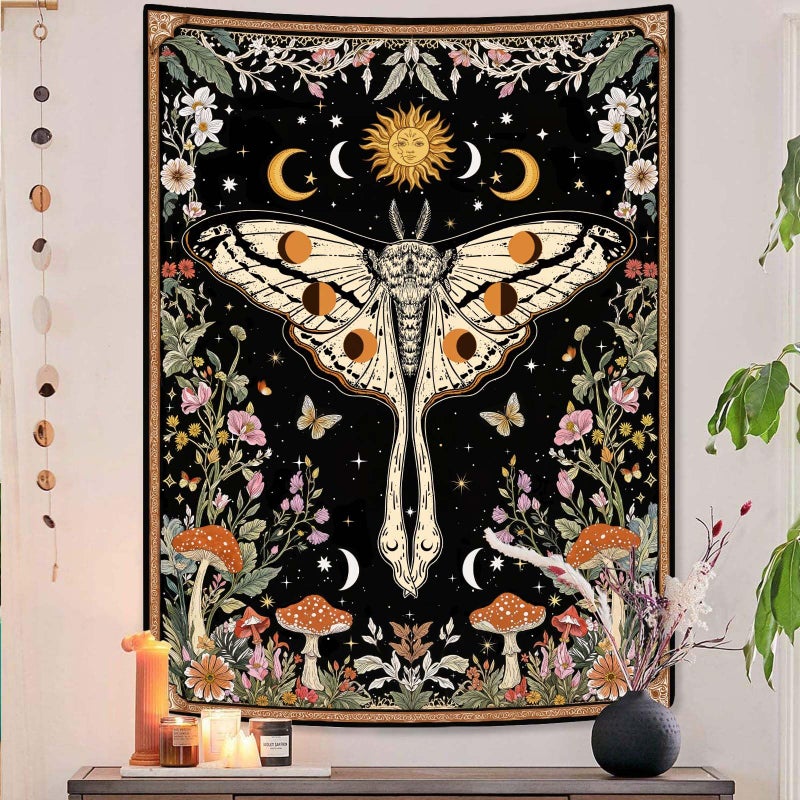 Aipon Boho Moth Tapestry Vintage Floral Flowers Tapestries Aesthetic Retro Mushroom Tapestries for Bedroom Sun and Moon Indie Small Tapestry Wall Hanging for Living Room Dorm 40 x 30 Inch - Image 3